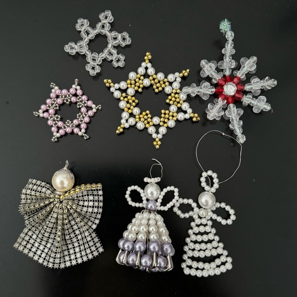 Handmade Christmas ornaments set of 7: 3 angels & 4 stars beaded pearled white - Picture 1 of 16